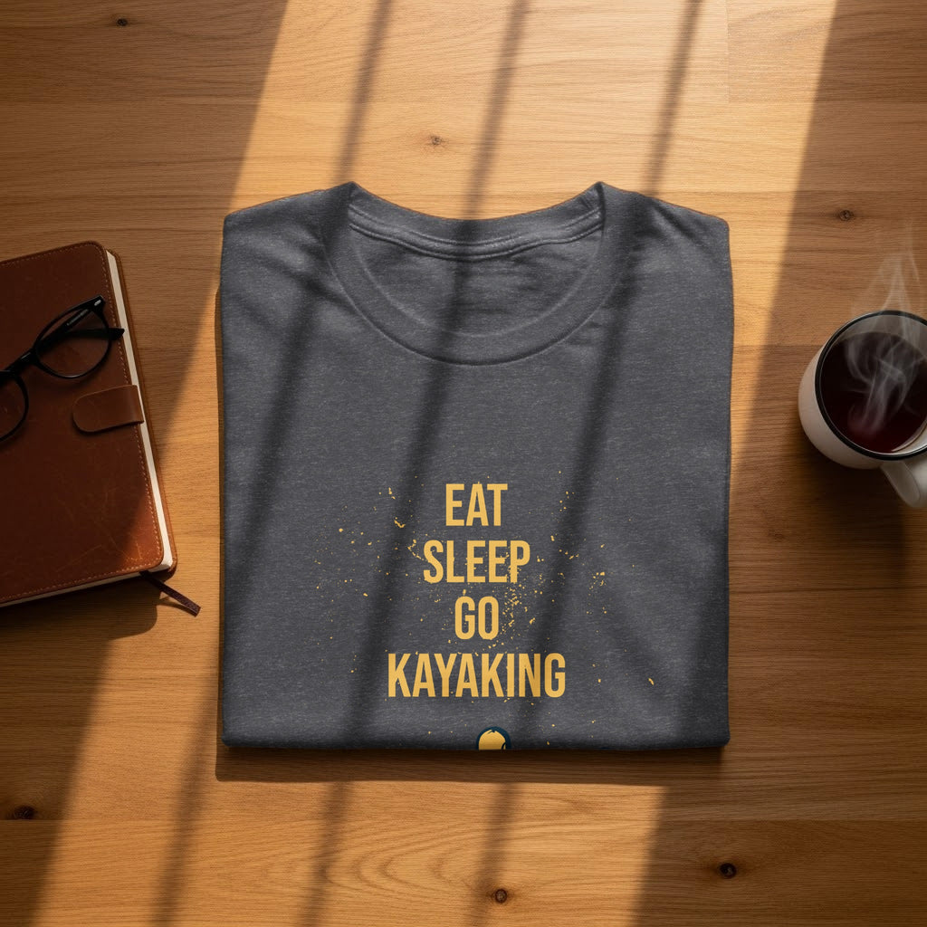 Charcoal t-shirt with "Eat Sleep Go Kayaking" text on a wooden surface.