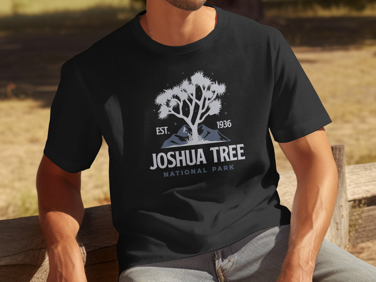 Black t-shirt with Joshua Tree National Park logo featuring a silhouette and text.