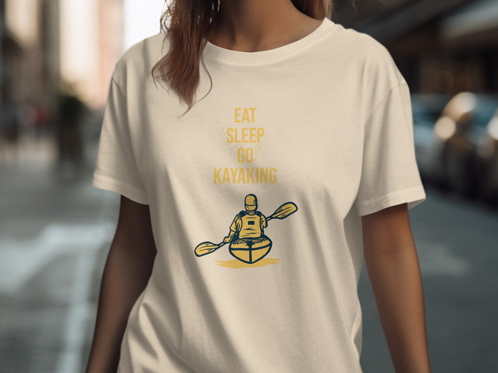 T-shirt with "Eat Sleep Go Kayaking" text and kayak graphic.