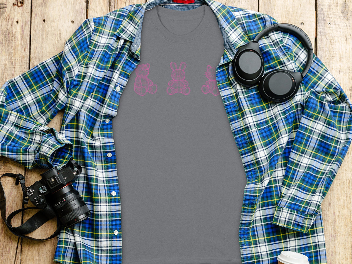 Gray t-shirt with pink grid teddy bear, bunny, and cat graphics.