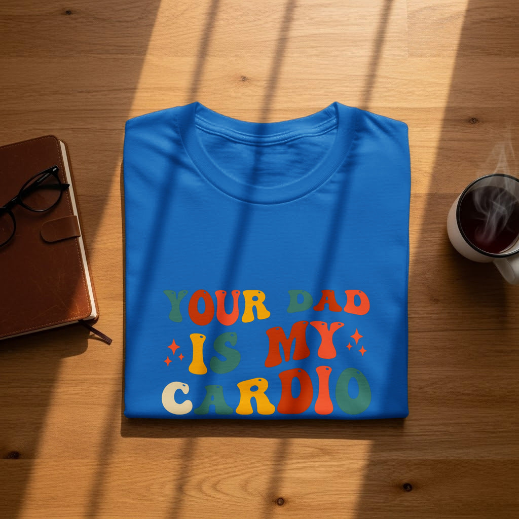 Blue t-shirt with "YOUR DAD IS MY CARDIO" text in retro colorful font.