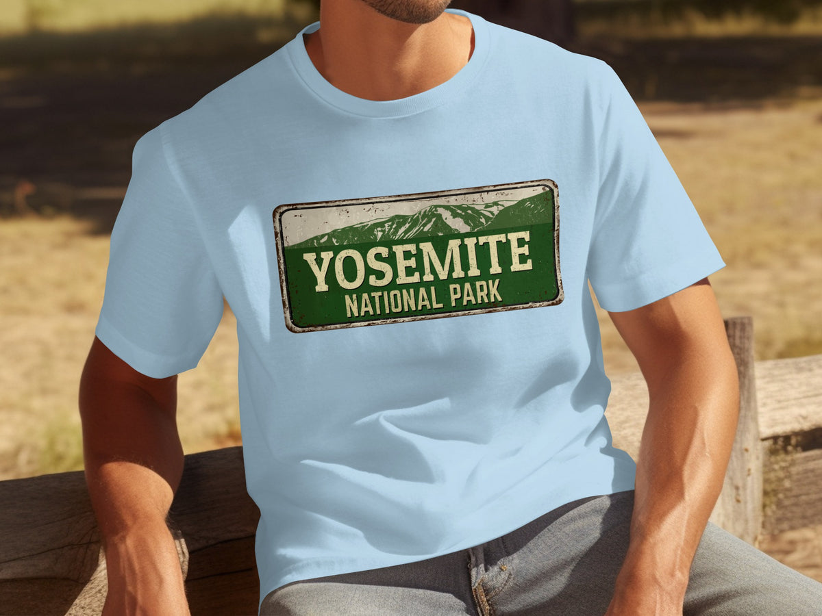 Light blue t-shirt with a distressed "Yosemite National Park" sign graphic.