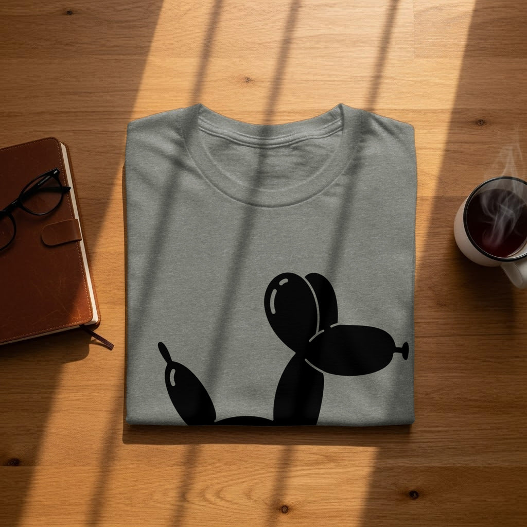 Grey t-shirt with a black balloon dog graphic on a wooden surface.