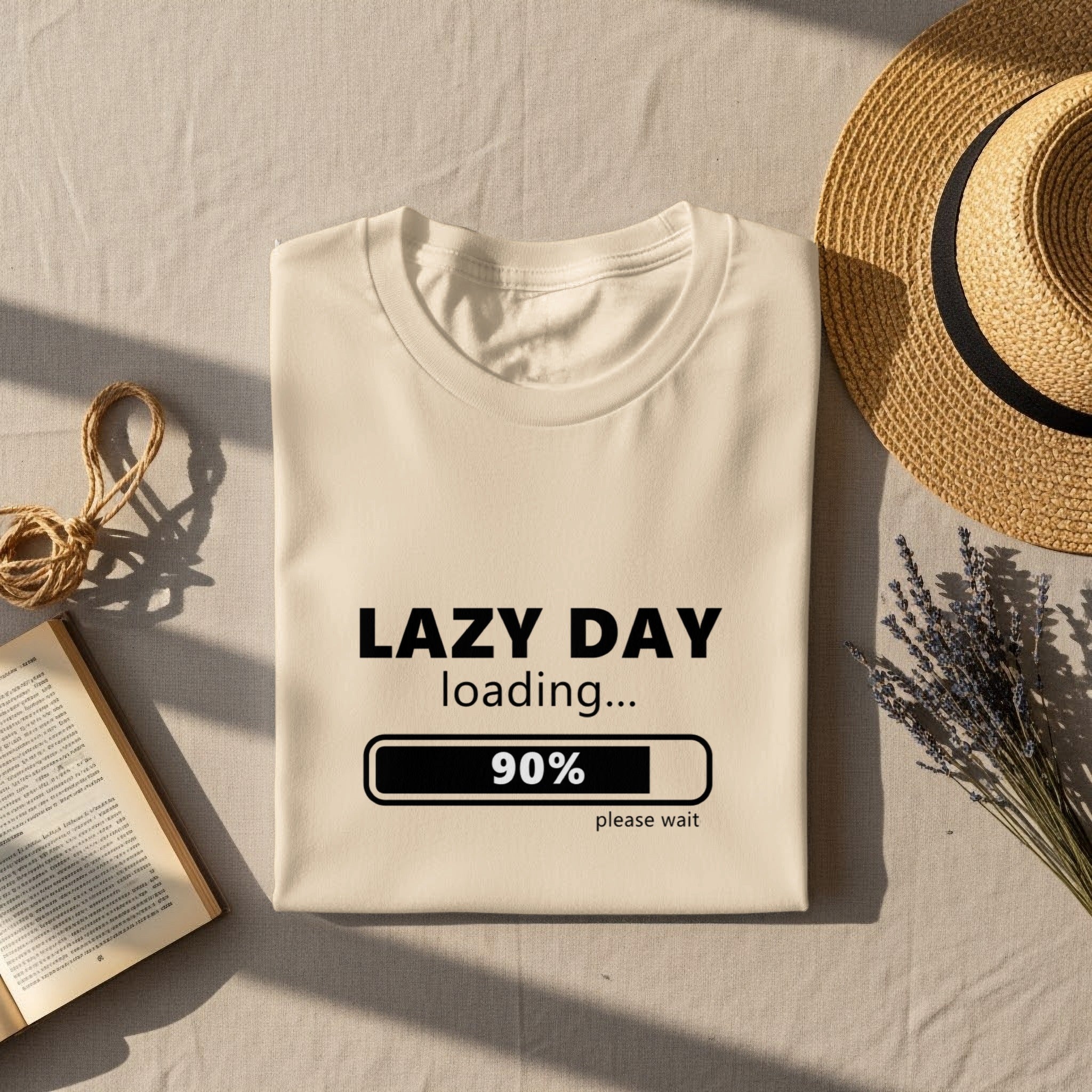 Cream t-shirt with "Lazy Day Loading 90% please wait" text and progress bar.