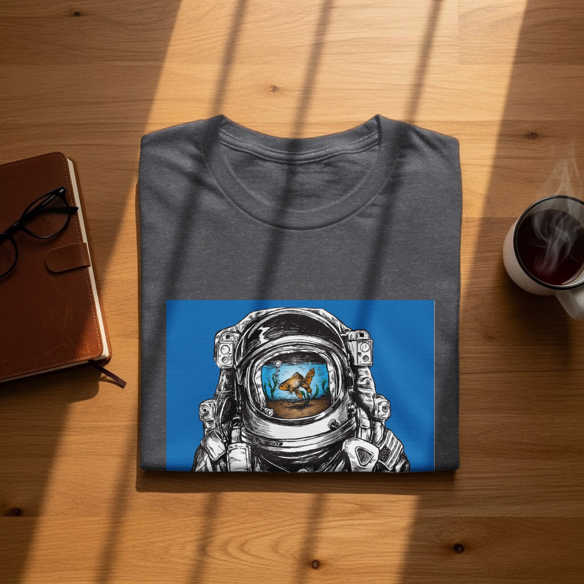 Astronaut helmet reflects a goldfish in a bowl against a blue background.