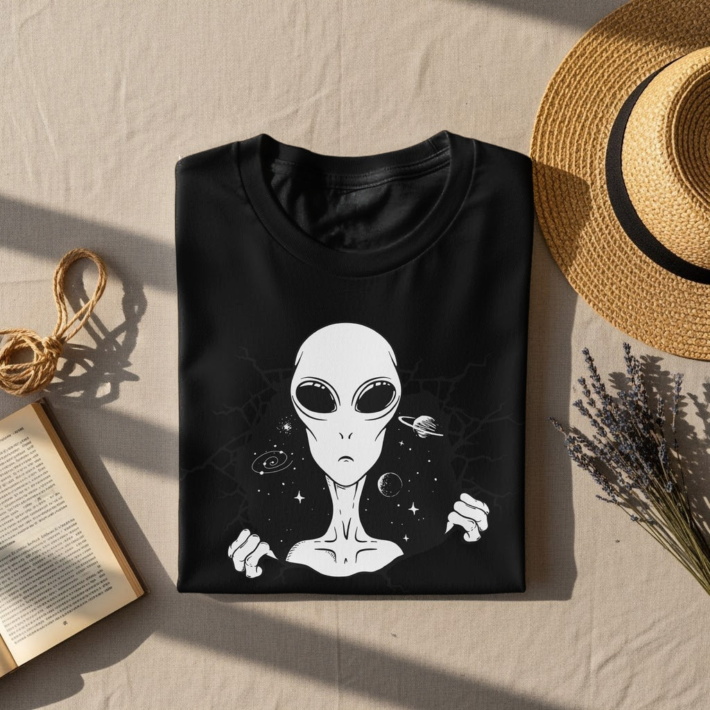 Black t-shirt with a white alien bursting through a starry, cracked background.
