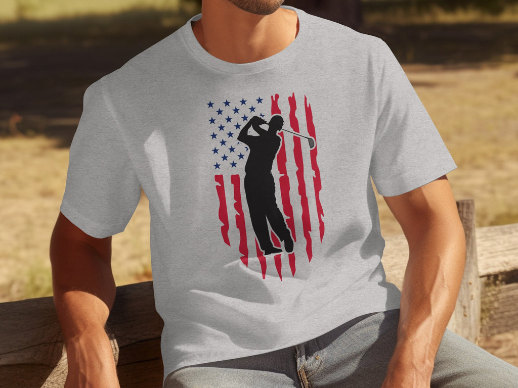 Grey t-shirt with a distressed American flag graphic and a golfer silhouette.