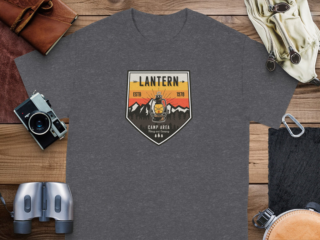 Dark grey t-shirt with "Lantern Camp Area Hiking and Camping" graphic.