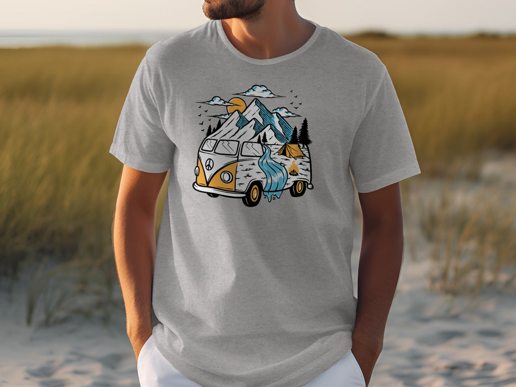 T-shirt with vintage van, mountains, camping tent, and waterfall graphic.