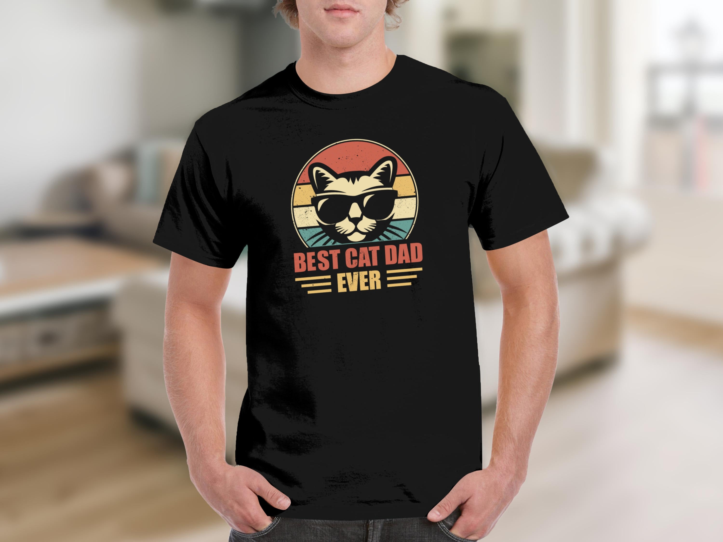 Black t-shirt with cat wearing sunglasses graphic and text "BEST CAT DAD EVER".