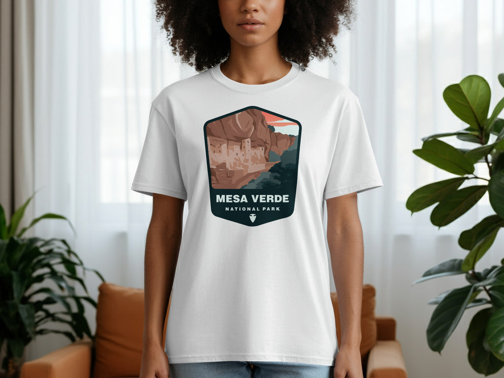 White t-shirt with Mesa Verde National Park graphic featuring cliff dwellings.
