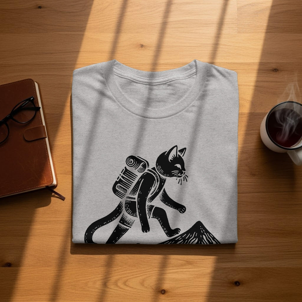 Light grey t-shirt with black linocut design of a cat with a backpack hiking up a mountain.