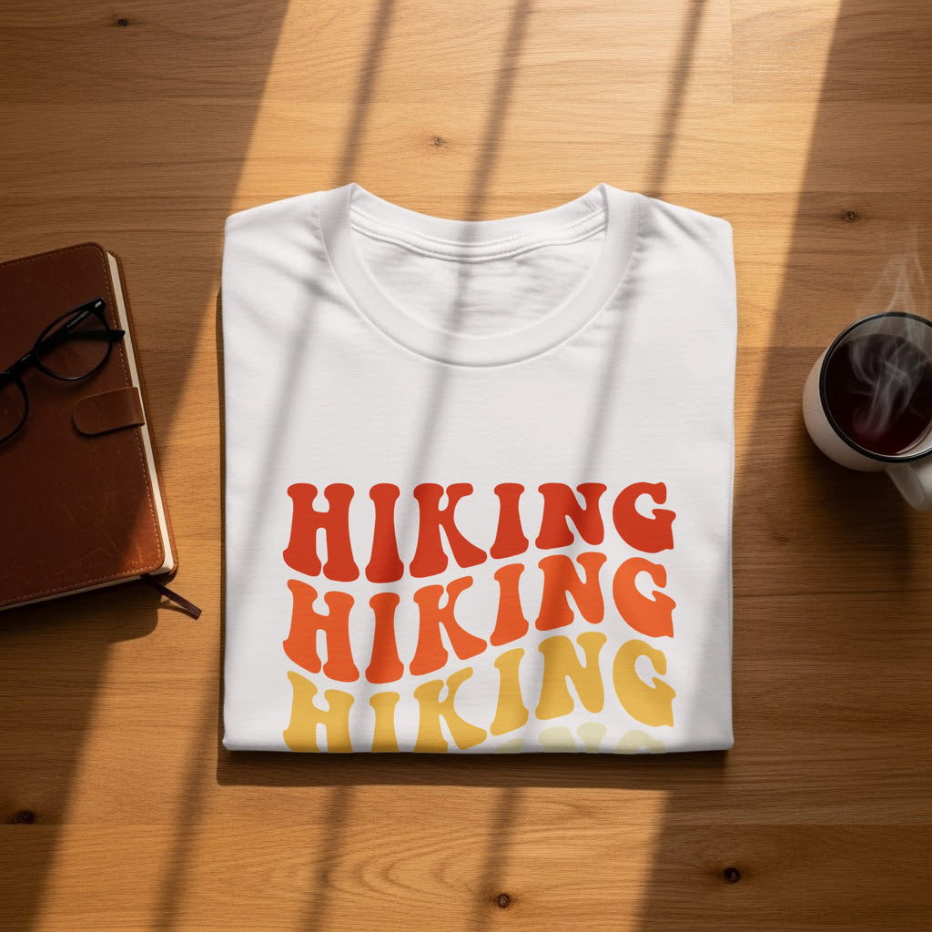 White t-shirt with "Hiking" in three stacked lines of retro font.