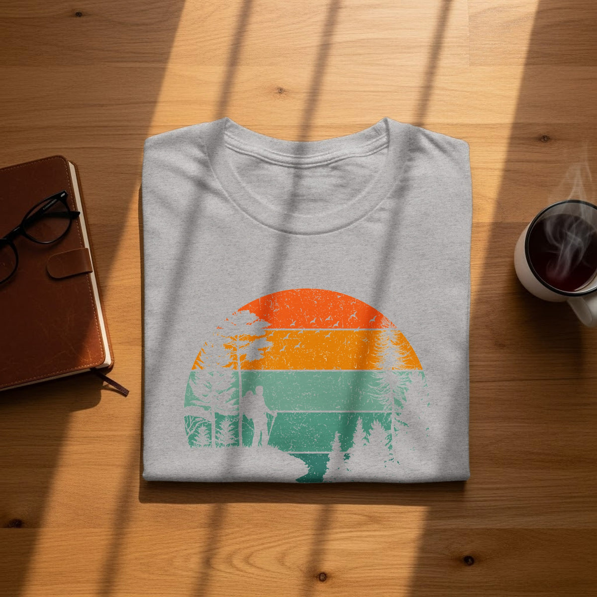 Grey t-shirt with a vintage sunset scene featuring a hiker and pine trees.