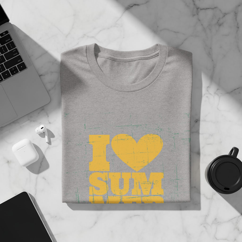 Grey t-shirt with distressed yellow text that says "I LOVE SUM".