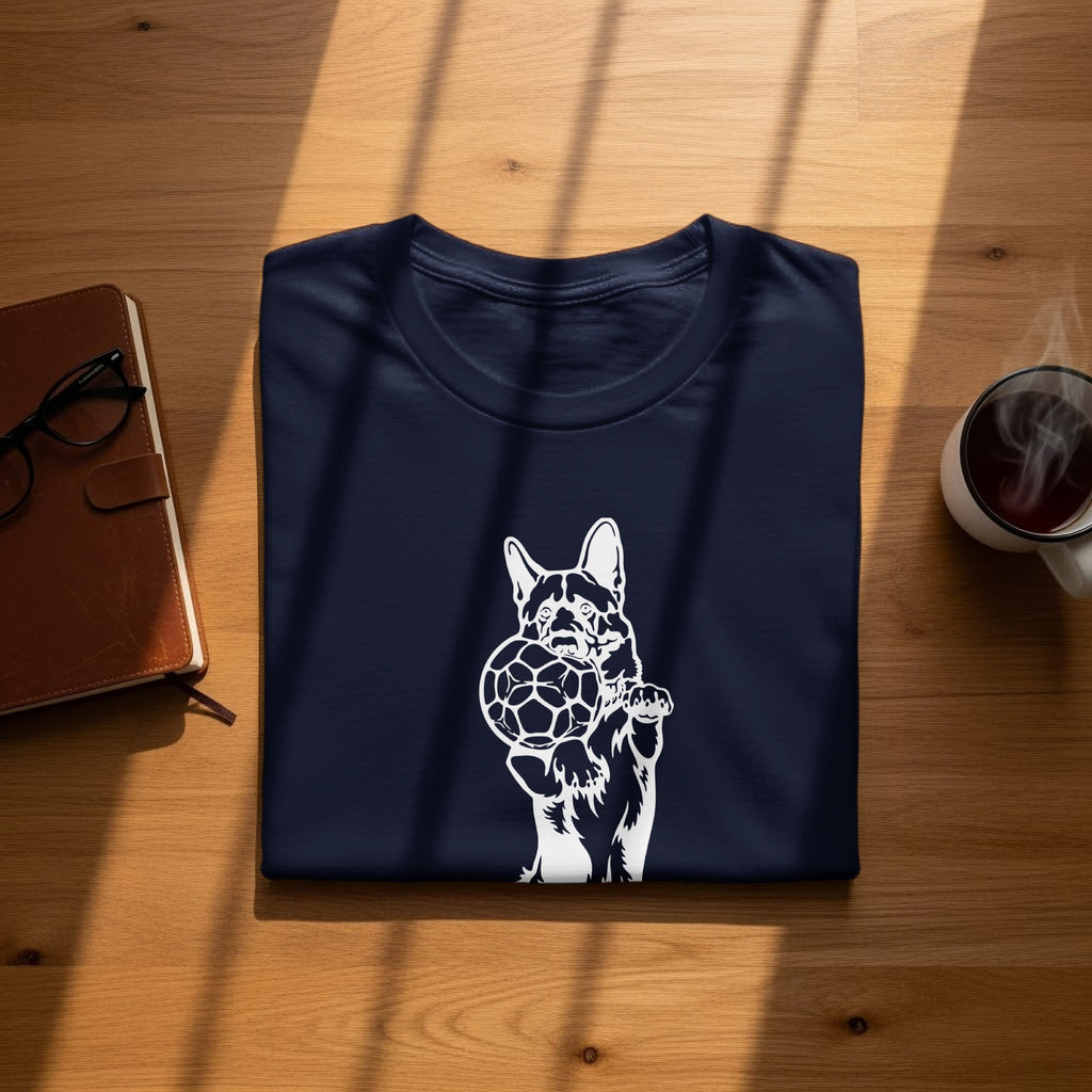 Navy t-shirt with white outline of a dog holding a soccer ball.