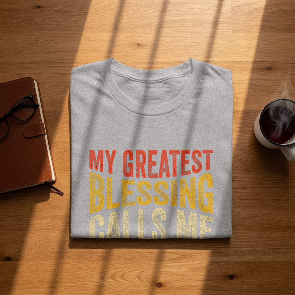 Grey t-shirt with distressed red and yellow text that says "MY GREATEST BLESSING CALLS ME".