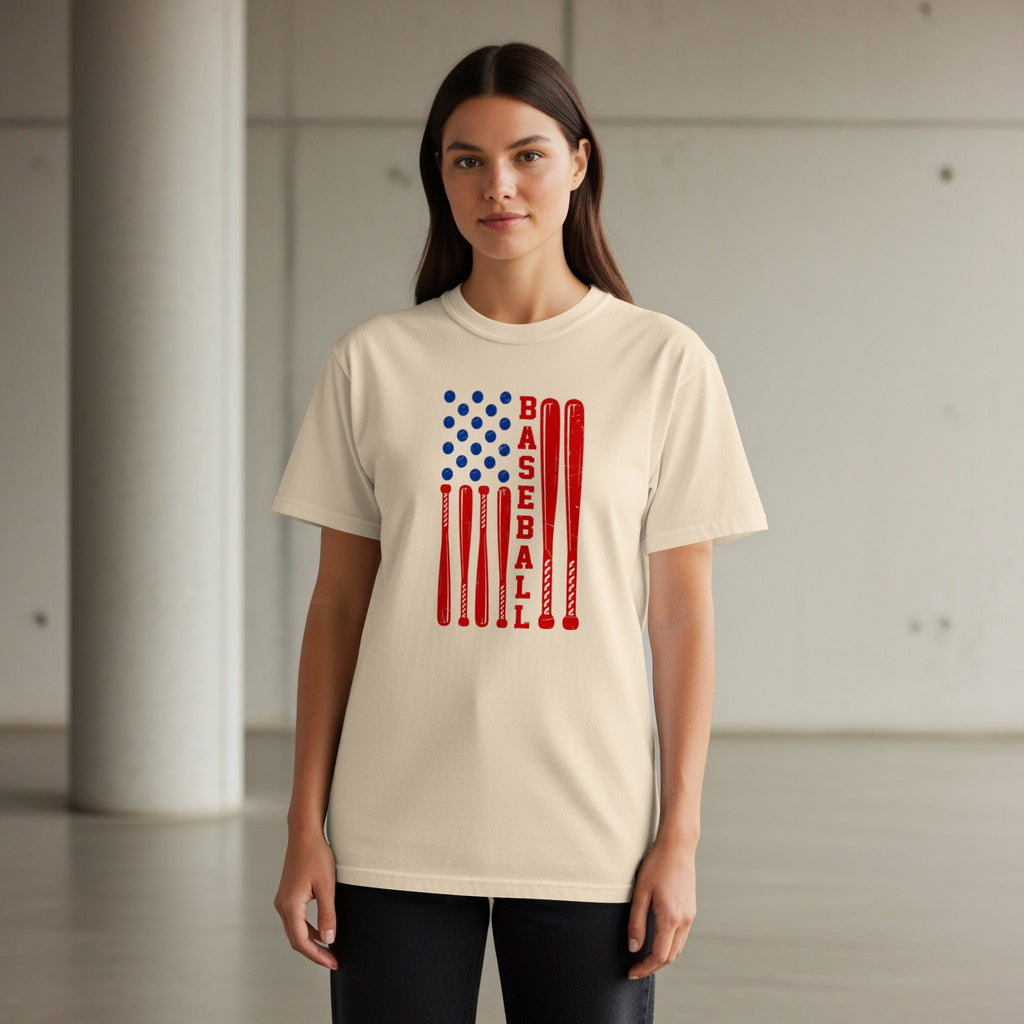 Light cream t-shirt with American flag design made of baseball bats and dots.