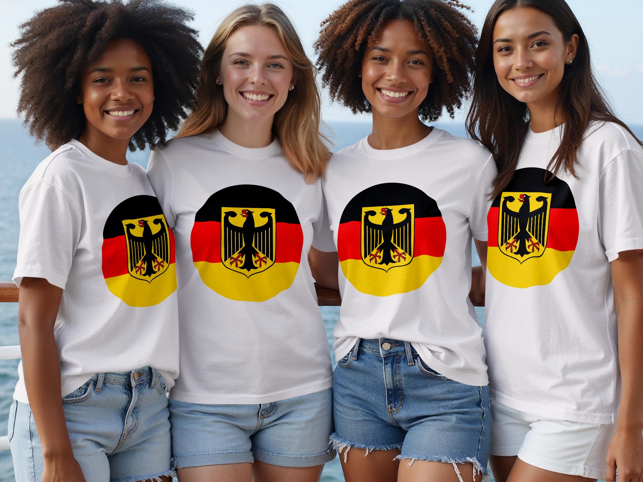 Four smiling women wear white t-shirts with the German flag and eagle emblem.
