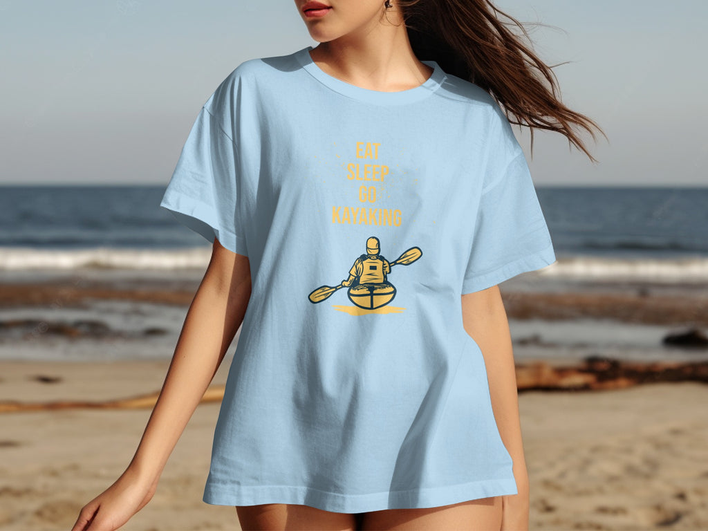 Light blue t-shirt with "Eat Sleep Go Kayaking" text and graphic.