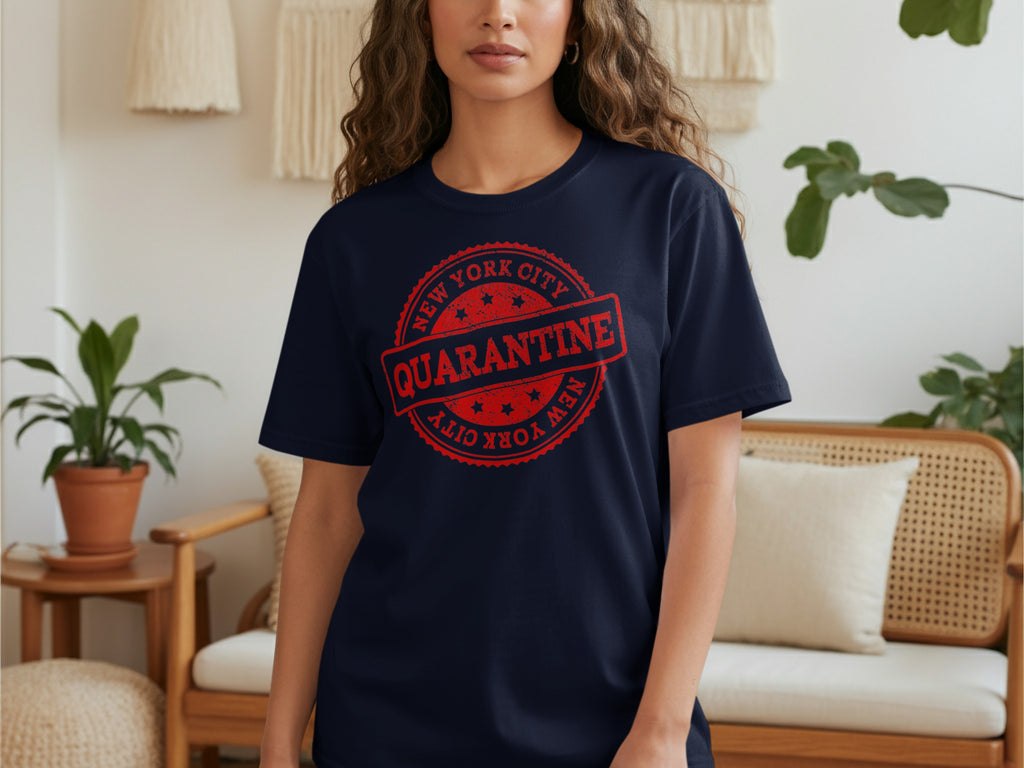 Navy t-shirt with red New York City Quarantine stamp graphic.