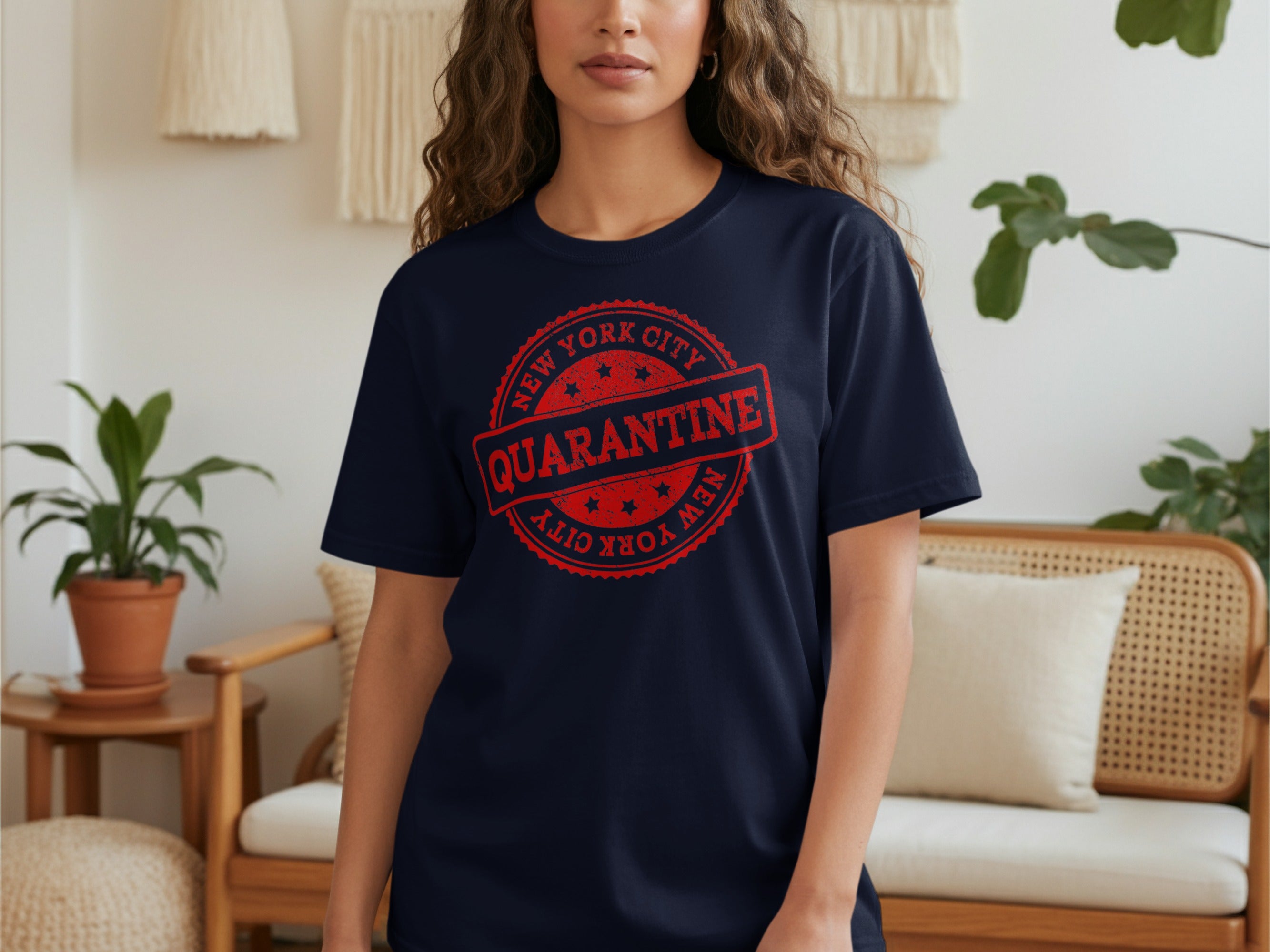 Navy t-shirt with red New York City Quarantine stamp graphic.