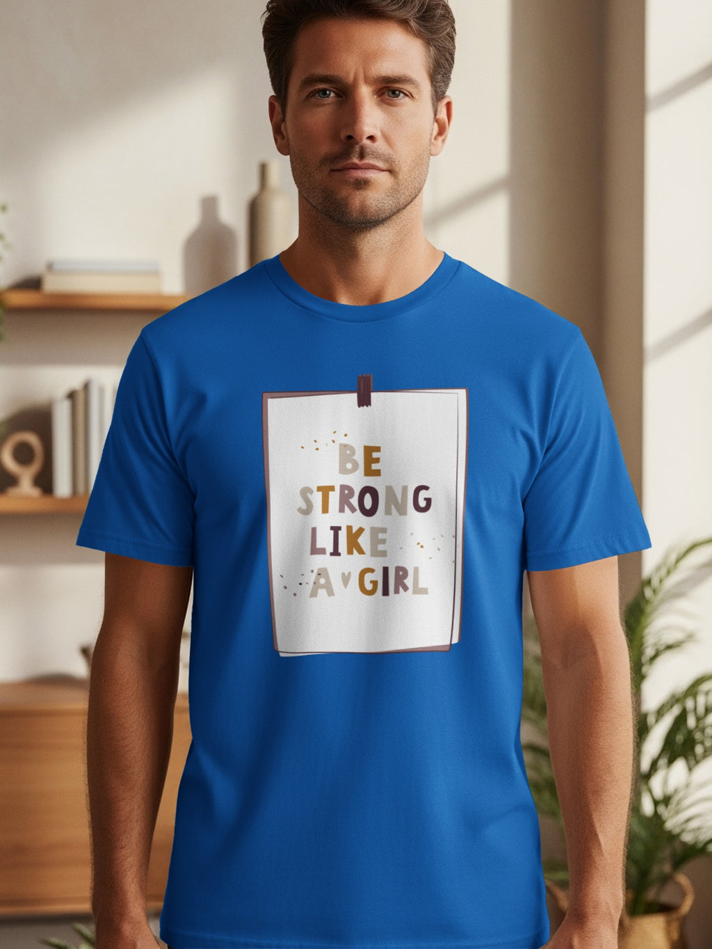 Blue t-shirt with text graphic reading "BE STRONG LIKE A GIRL".