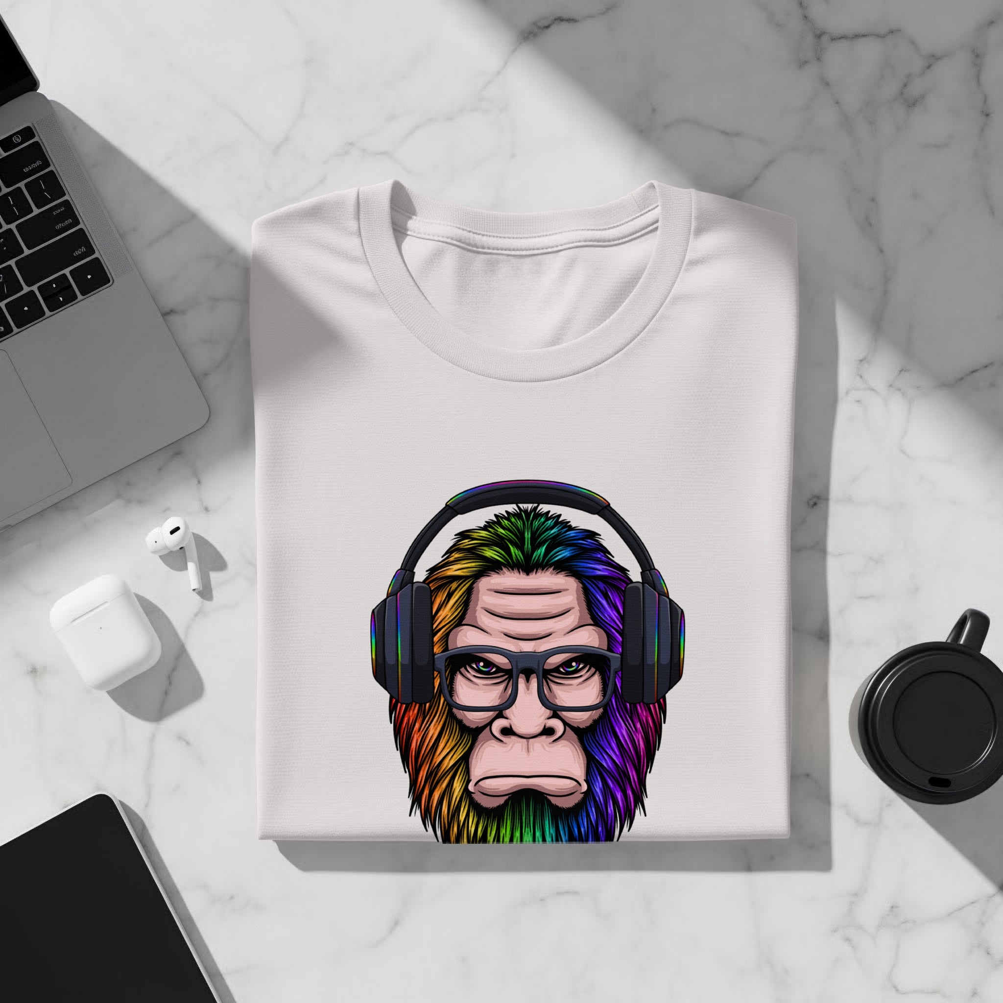 White t-shirt with a colorful ape wearing headphones and glasses graphic.