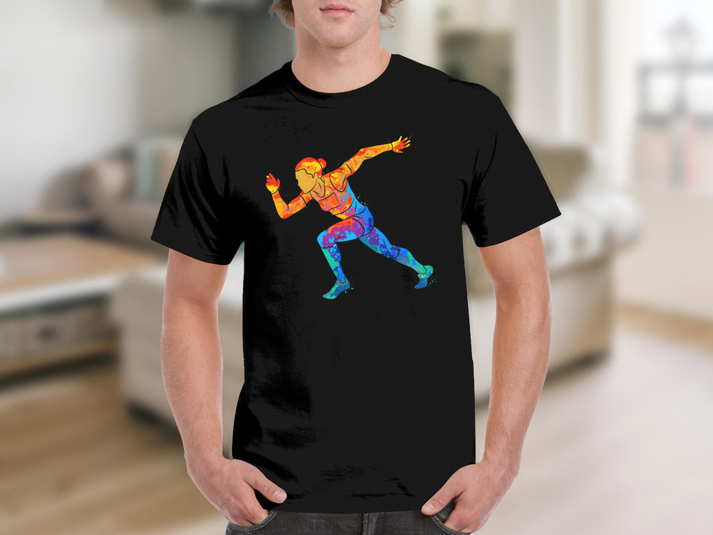 Black t-shirt featuring a colorful abstract runner graphic.