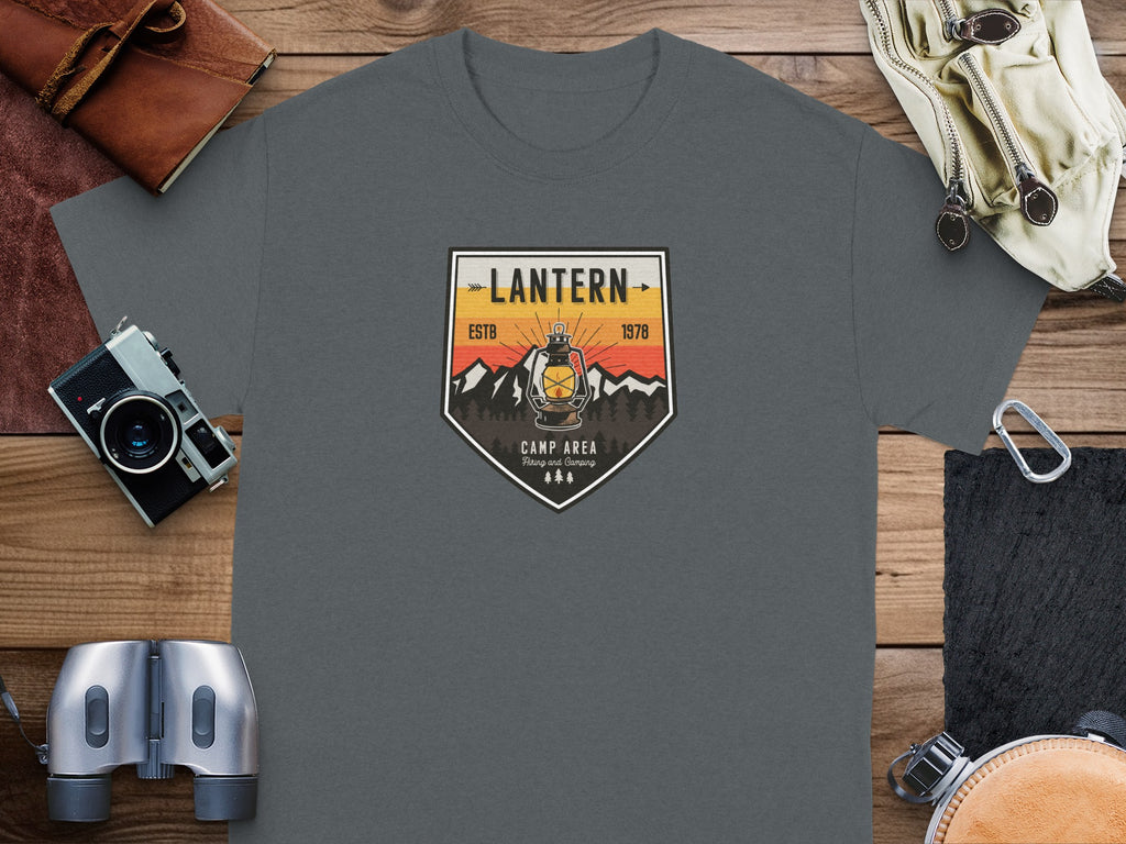 Grey t-shirt with a "Lantern Camp Area Hiking and Camping" graphic.