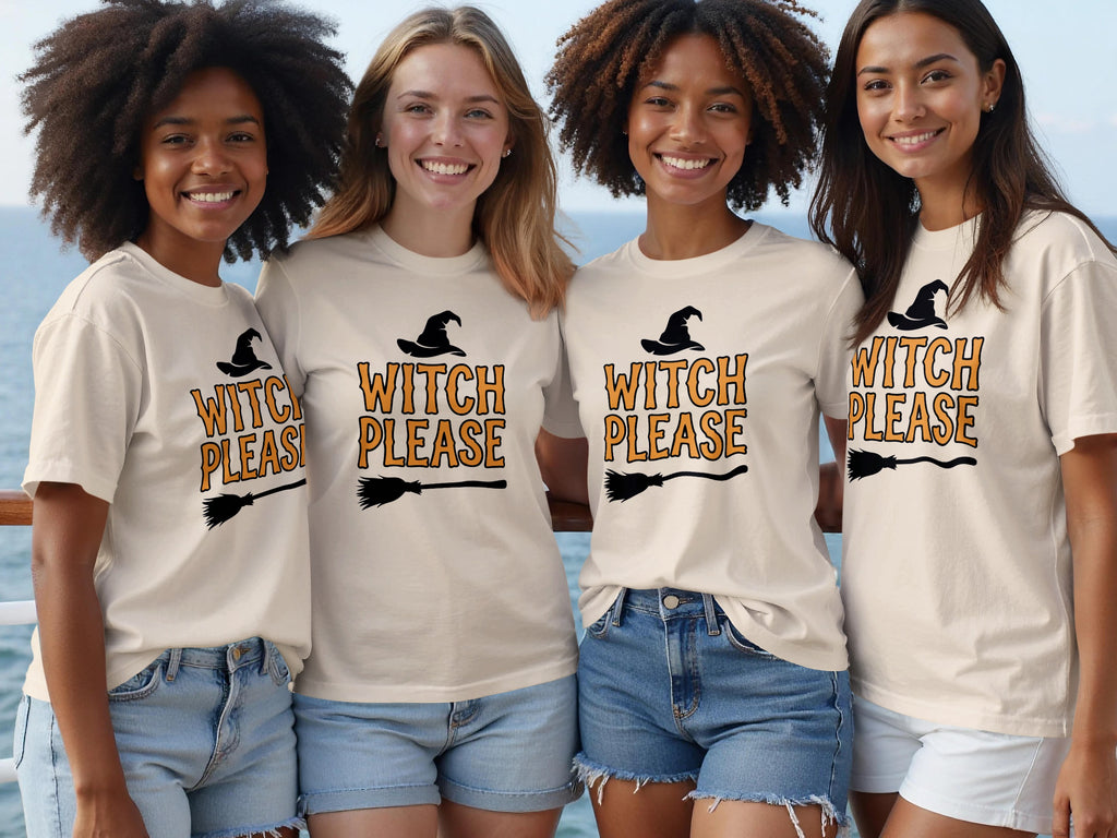 Four young women wear matching shirts with "Witch Please" and a broom graphic.