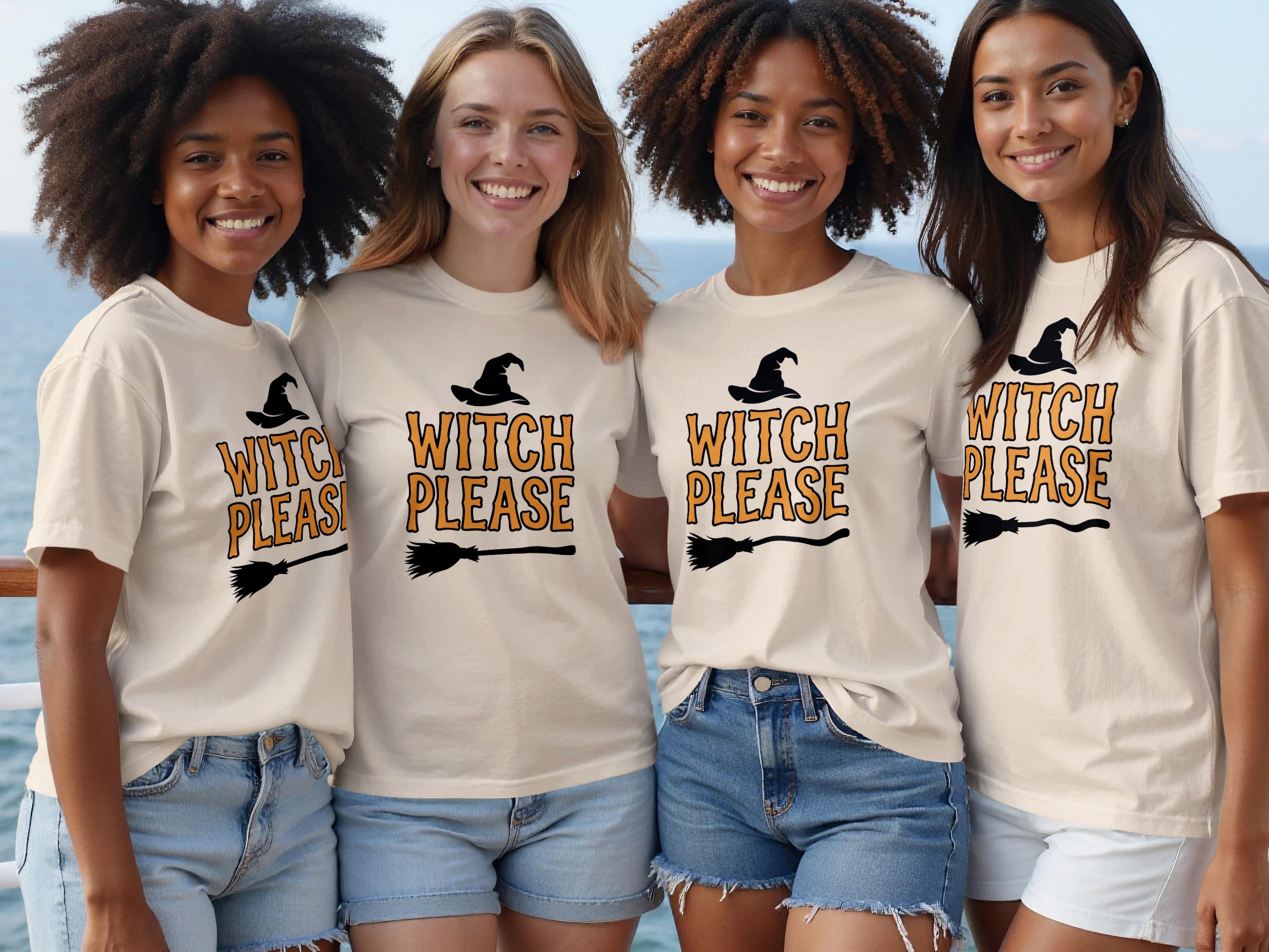 Four young women wear matching shirts with "Witch Please" and a broom graphic.