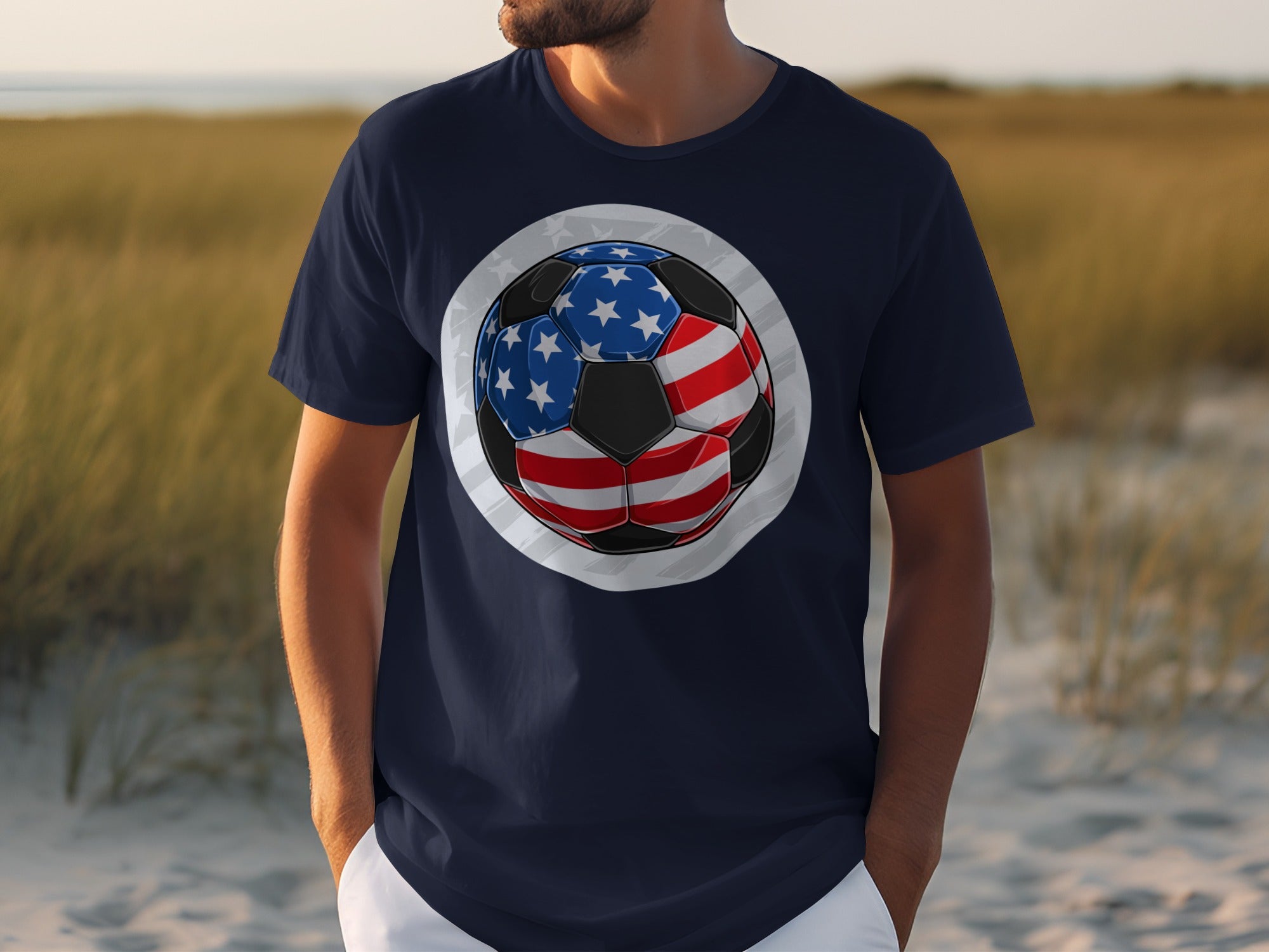 Navy t-shirt with a soccer ball graphic featuring US flag colors and stars.