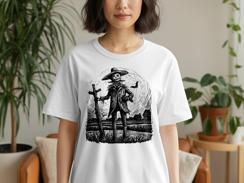 Black and white linocut t-shirt graphic of a scarecrow next to a cross in a field.