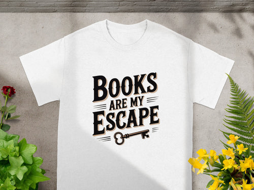 White t-shirt with "BOOKS ARE MY ESCAPE" text and a key graphic.