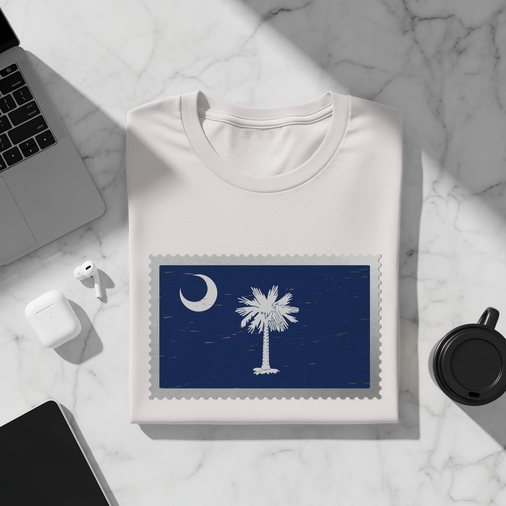 White t-shirt with South Carolina flag postage stamp graphic.