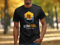 Black t-shirt with a circular graphic of trail runners and "ULTRA TRAIL RUNNING" text.