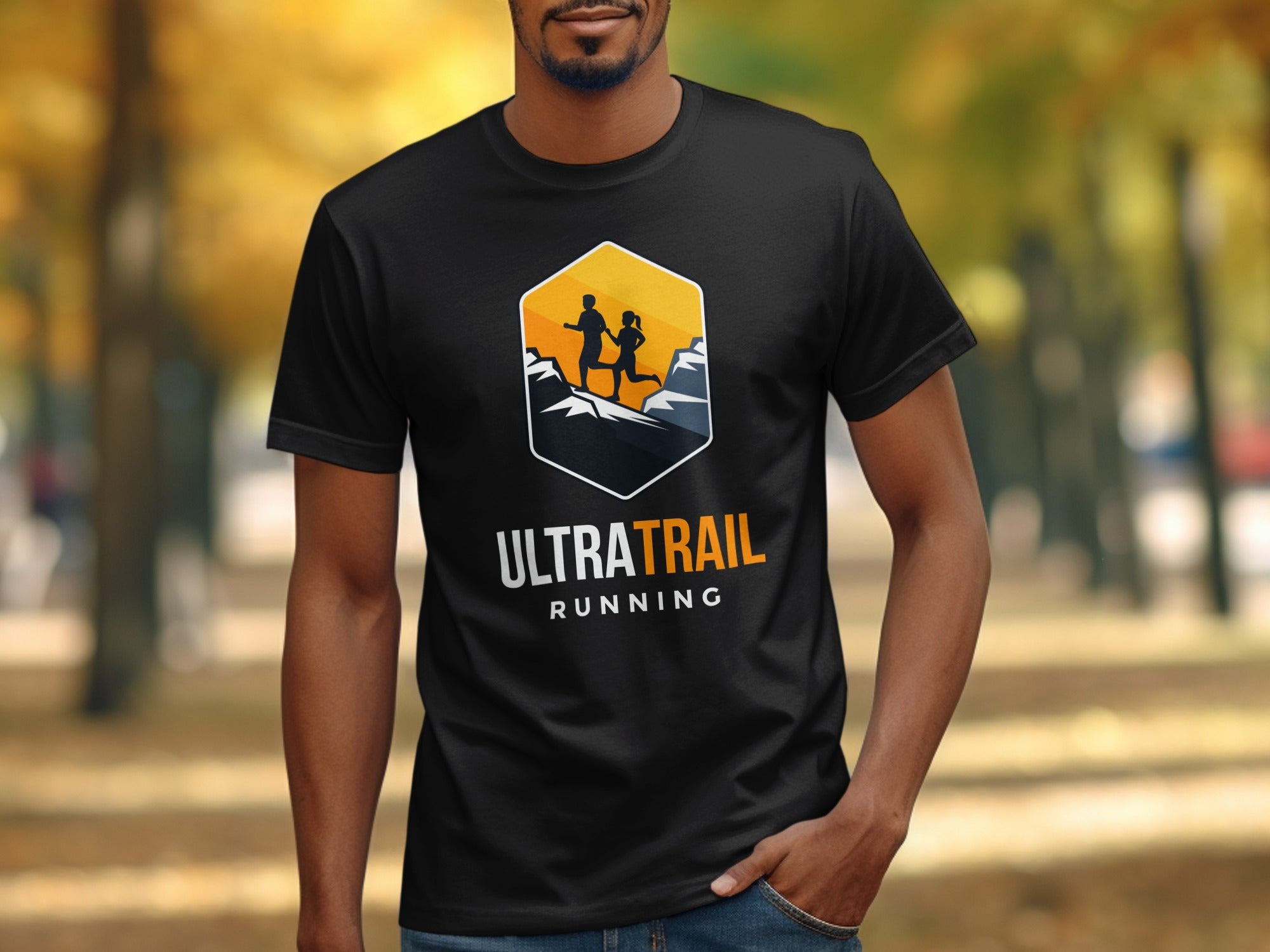 Black t-shirt with a circular graphic of trail runners and "ULTRA TRAIL RUNNING" text.