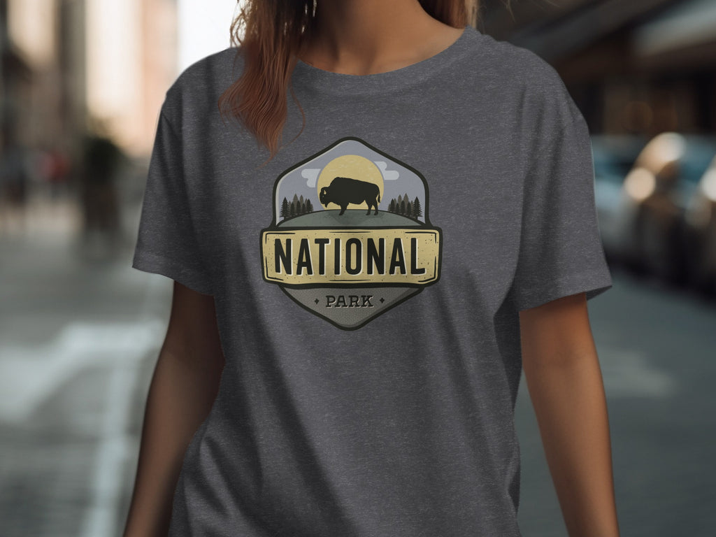 Dark grey t-shirt with National Park logo featuring a bison silhouette and trees.
