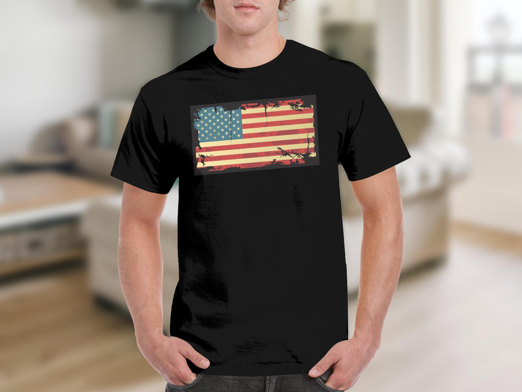 Black t-shirt with a distressed American flag graphic over the chest.