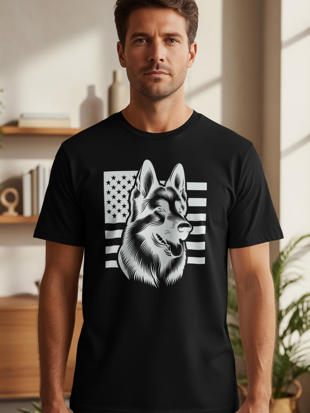 Man wearing a black t-shirt with a wolf and American flag graphic.