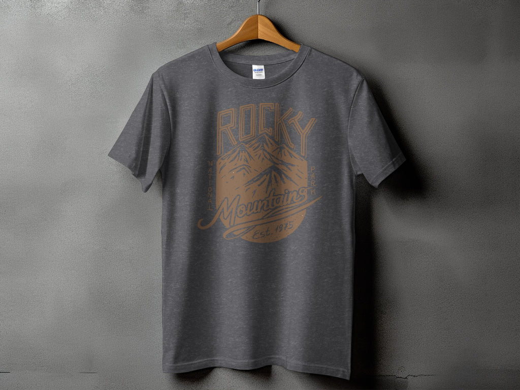 Dark gray t-shirt with "Rocky Mountains" graphic and "Est. 1975" text.