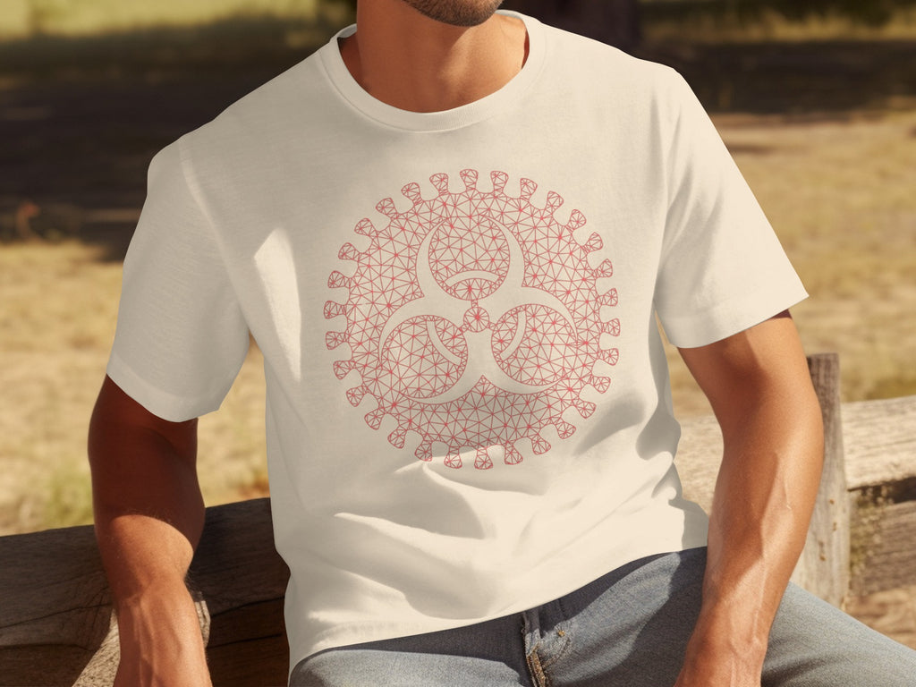 Cream t-shirt with a pink geometric biohazard symbol and virus design.