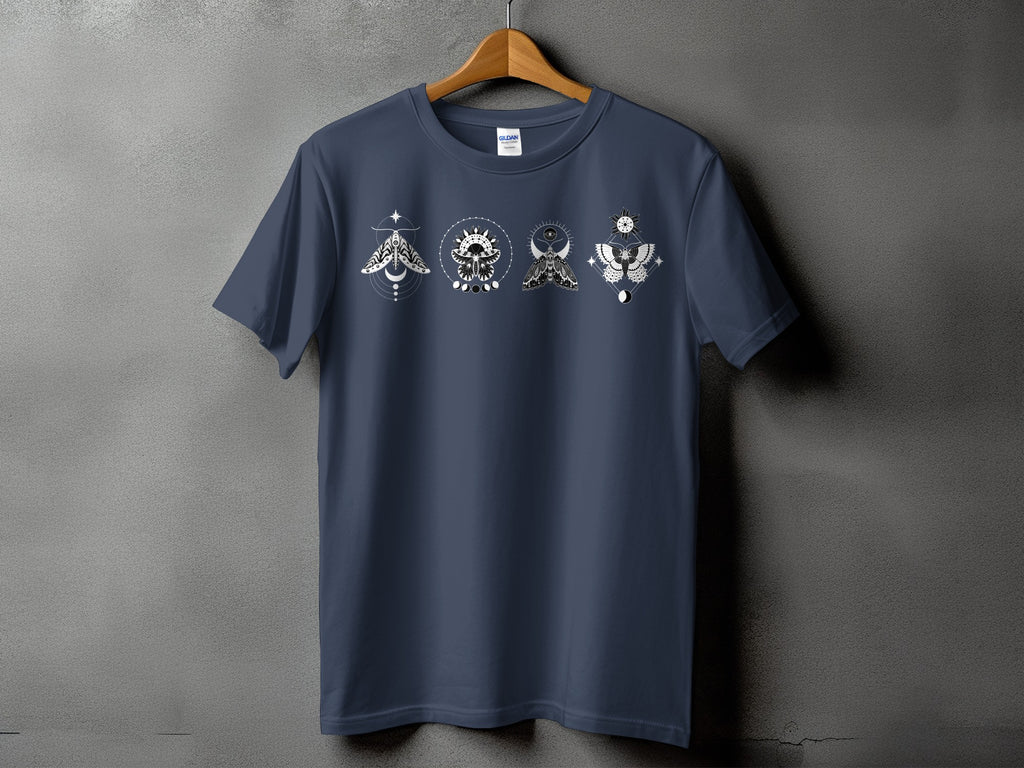 Dark blue t-shirt with four white celestial moth and sun designs across the chest.