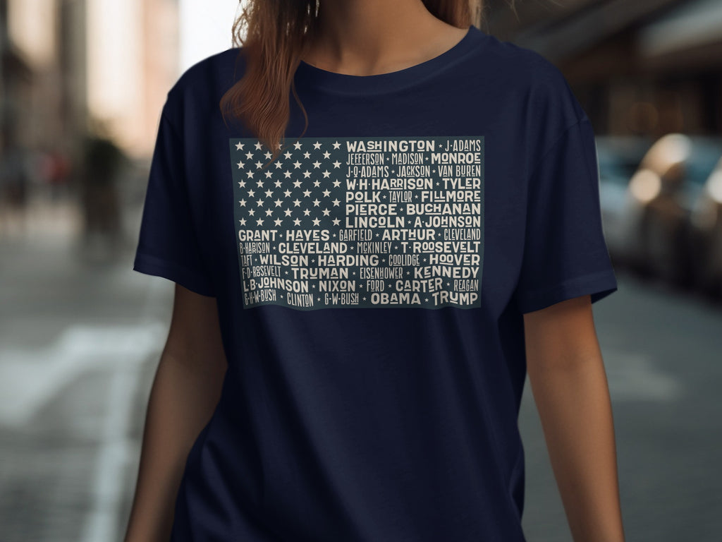 Navy t-shirt with US flag design listing US presidents.