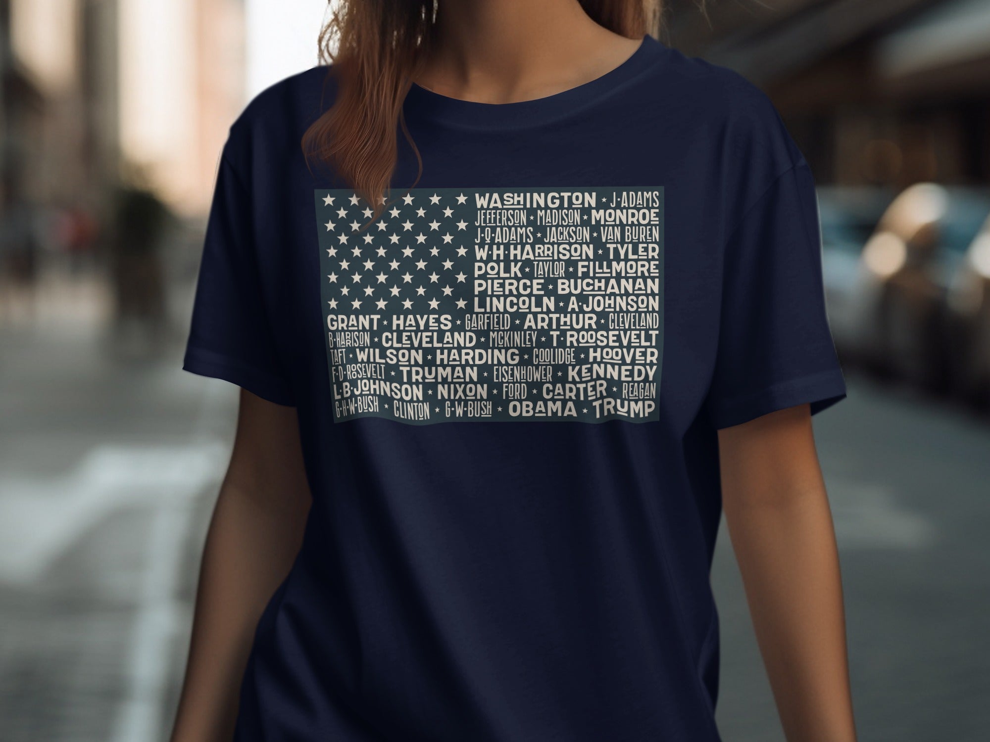 Navy t-shirt with US flag design listing US presidents.