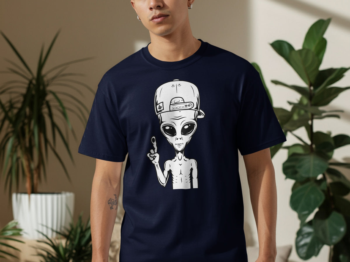 Dark blue t-shirt with a white alien wearing a backward baseball cap graphic.