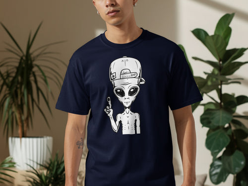 Dark blue t-shirt with a white alien wearing a backward baseball cap graphic.