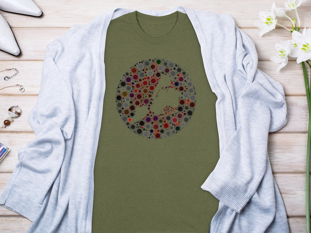 Olive green t-shirt with a circular mosaic of colorful virus-like shapes forming a map of the world.