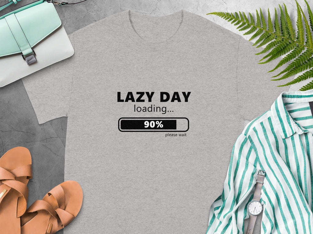Grey t-shirt with "LAZY DAY loading... 90% please wait" text and graphic.